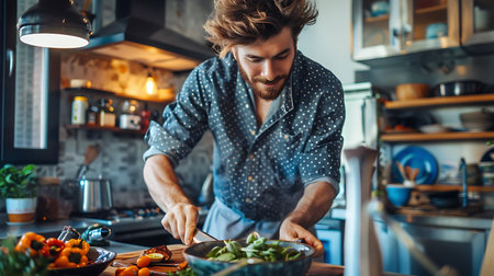 Young man cooking salad in the kitchen at home. Healthy food concept.の素材
