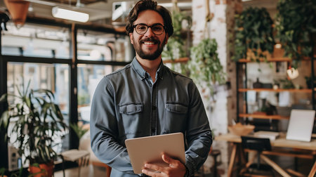 Handsome young businessman in casual clothes and eyeglasses holding digital tablet and smiling while standing in cafeの素材
