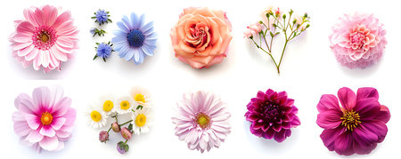 Set of colorful flowers isolated on white background. Top view. Flat lay.の素材
