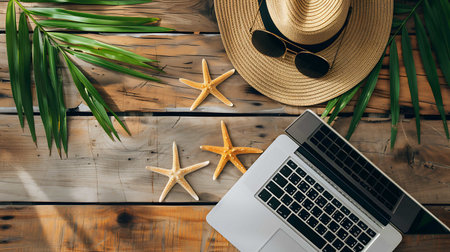 Laptop, hat, sunglasses, starfish and palm leaves on wooden tableの素材