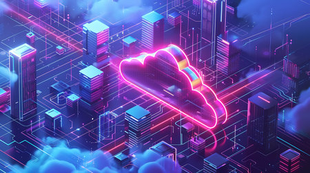 Cloud computing technology concept. 3d isometric illustration of cloud computing on blue backgroundの素材