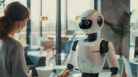 Selective focus of robot talking to female colleague in cafe during coffee breakの素材