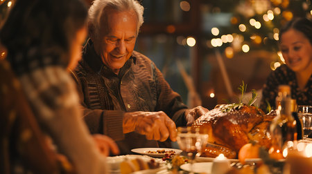 Elderly couple eating turkey at christmas dinner in the eveningの素材