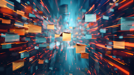 Abstract 3d rendering of data flow with flying cubes. Futuristic background.の素材