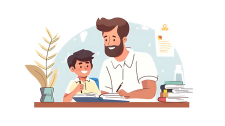 Father and son doing homework together at home, flat vector illustration.の素材