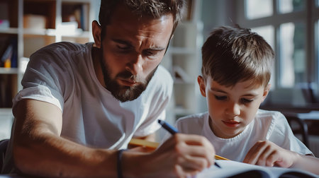Father and son doing homework together at home. Dad helping his son with homework.の素材