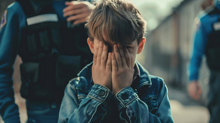 selective focus of boy covering his face with hands and looking at cameraの素材