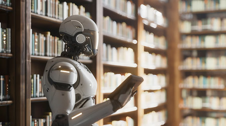 Robot in library. 3d rendering. robot with bookshelf background.の素材