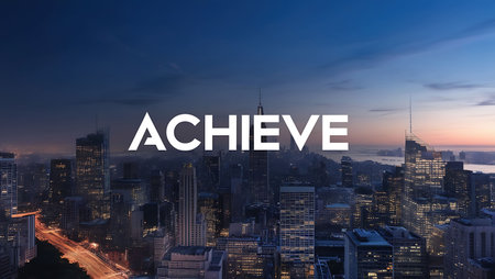 Achieve word with aerial view of New York City at sunset.の素材