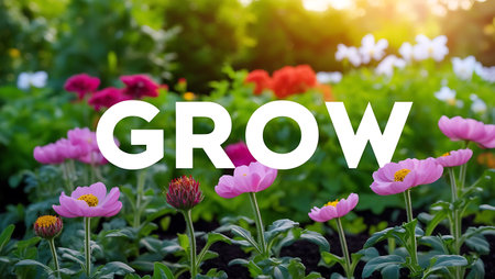 Grow word on flower background. Gardening and agriculture concept.の素材