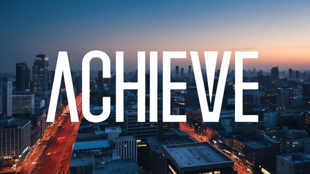 Achievement word with aerial view of Los Angeles skyline at sunset.の素材