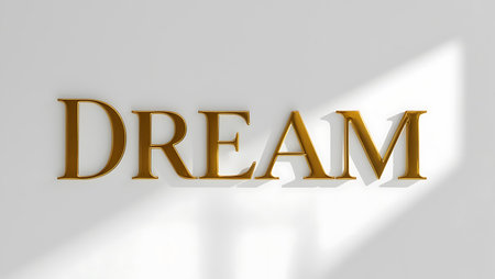 3d rendering of the word dream in gold on a white backgroundの素材