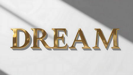 3D rendering of the word Dream in gold on a white background.の素材