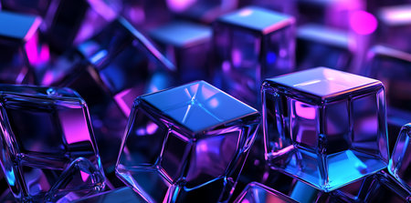 abstract 3d illustration of crystal cubes in purple and blue lightの素材