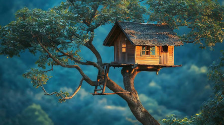 Wooden birdhouse on the tree in the forest. 3d renderingの素材