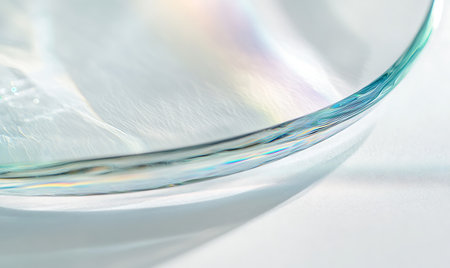 close up of a glass plate with water drop on white background.の素材