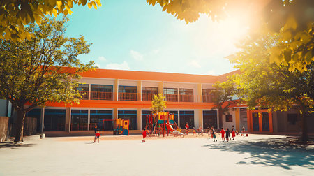 School building with children playing on playground in summer day. Back to school concept.の素材