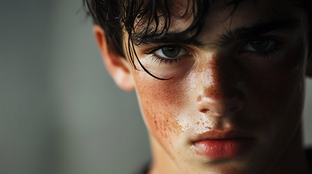 Close-up portrait of a young man with wet face. Shallow depth of fieldの素材