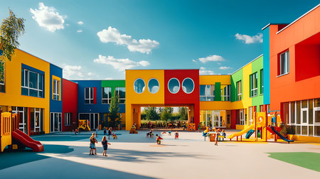 3d render of children's playground in school yard. Kids play outdoors.の素材