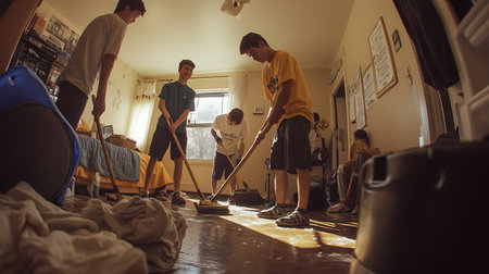 Group of volunteers cleaning a room with a broom in a low angle viewの素材