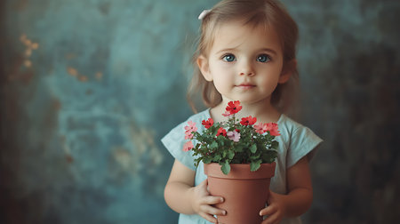 Cute little girl with flowers in a pot on a gray backgroundの素材