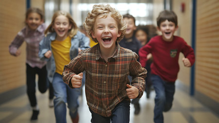 Cheerful schoolboy running in corridor of elementary school and smilingの素材