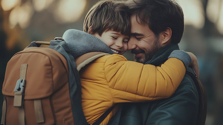 Cute little boy hugging his father and smiling while walking in the cityの素材