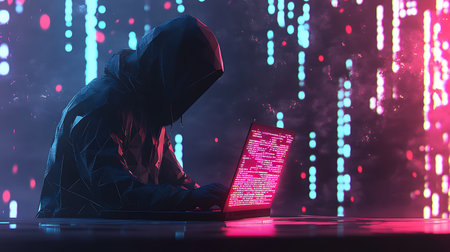 Hacker using laptop on dark background with glowing binary code. Cyber attack conceptの素材