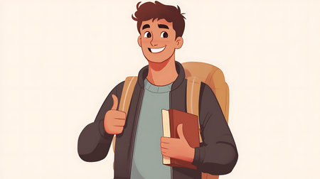 Vector illustration of young man with backpack and books showing thumbs up.の素材