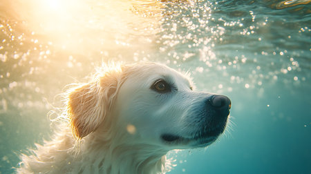 Golden retriever dog swimming in the pool at sunset. Dog portraitの素材