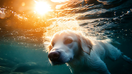 Golden Retriever swimming in the sea at sunset, close-upの素材