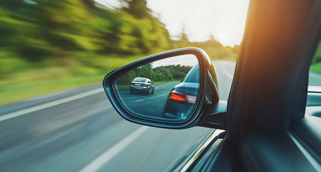 car on the road with motion blur background. rear view mirror.の素材