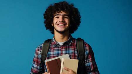 Portrait of a smiling young man with backpack holding books on blue backgroundの素材