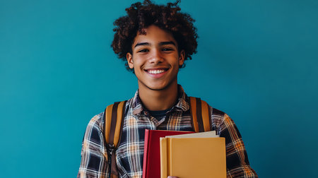 Portrait of a smiling african american college student holding booksの素材