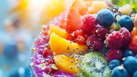 Fruit cake with blueberries, strawberries, raspberries, blueberries, kiwicots and chia seeds.の素材