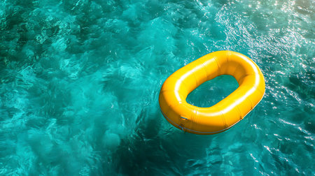 Yellow inflatable ring floating in turquoise sea water. Top view.の素材