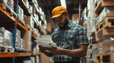 African american male warehouse worker checking inventory in warehouse. This is a freight transportation and distribution warehouse. Industrial and industrial workers conceptの素材