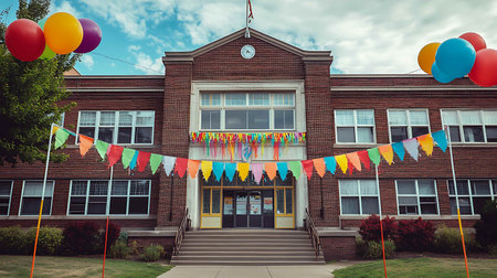 School building with colorful flags and balloons against blue sky with white cloudsの素材