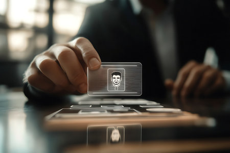 man using smart phone and digital tablet with virtual icon of face recognition.の素材