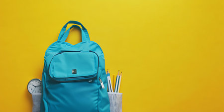 Blue backpack with stationery on yellow background. Back to school concept.の素材