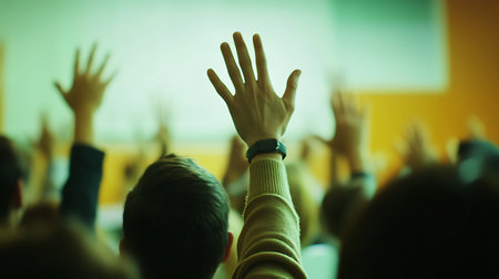 Back view of a group of people raising their hands in the classroomの素材