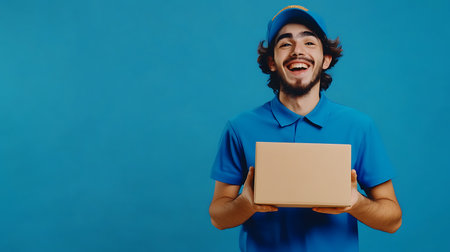 Delivery man in blue uniform with a box in his hands on a blue backgroundの素材