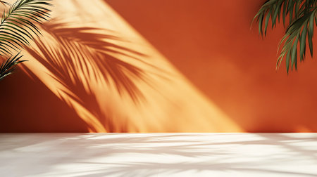 3d render, orange background with palm leaves and sunlight. Mock upの素材