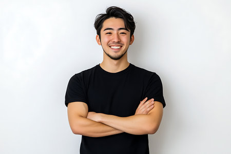 Portrait of happy asian man with arms crossed on white backgroundの素材