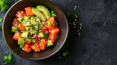 Hawaiian salmon poke bowl with avocado, sesame seeds and sesame. Top view, flat layの素材