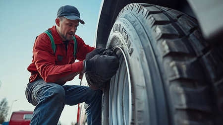 Tire service. A man in a red jacket and a cap unscrews a tire with a wrench.の素材