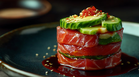 Tuna tartare with cucumber and sesame seeds on black plateの素材