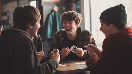 Group of friends playing cards in a pub or casino. Focus on the boyの素材