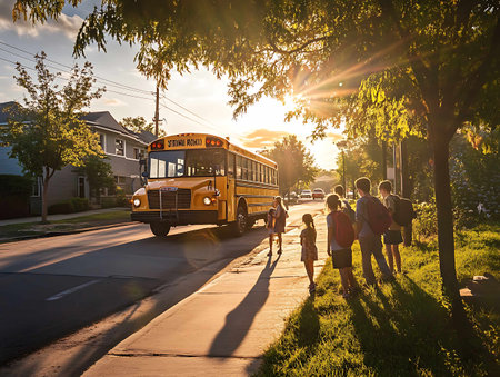 School bus on the road at sunset. Back to school concept.の素材