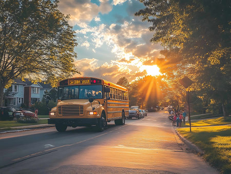 School bus on the road in the evening with sun rays and cloudsの素材